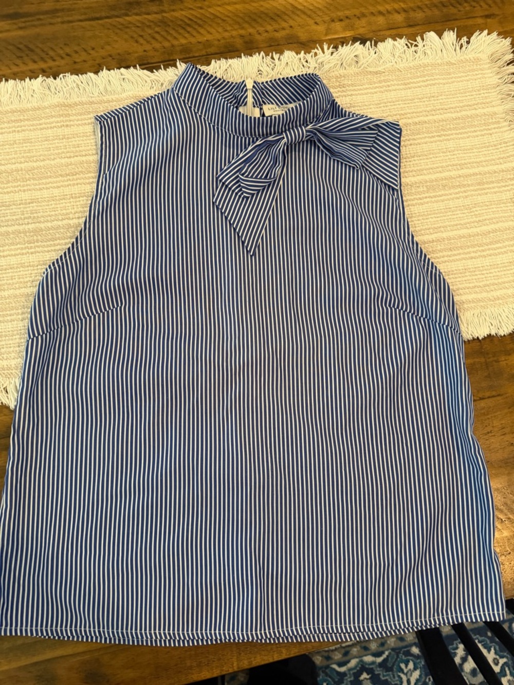 Molly Bracken Navy and White Striped Sleeveless Bow-Neck Blouse